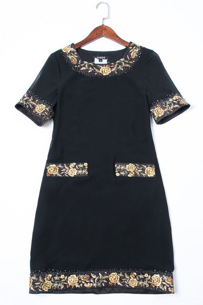 Round collar short sleeve black embroidery morality slim short dress
