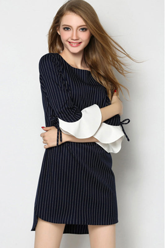 Boat Collar Vertical Stripe Line Flare Sleeve Dress