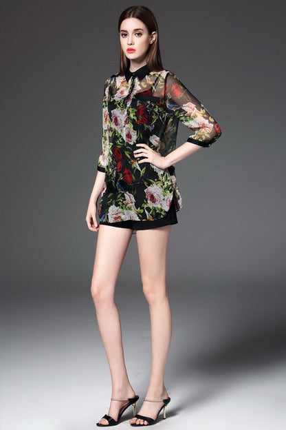 Elegant Flower Printing Casual Polo Neck Shirt