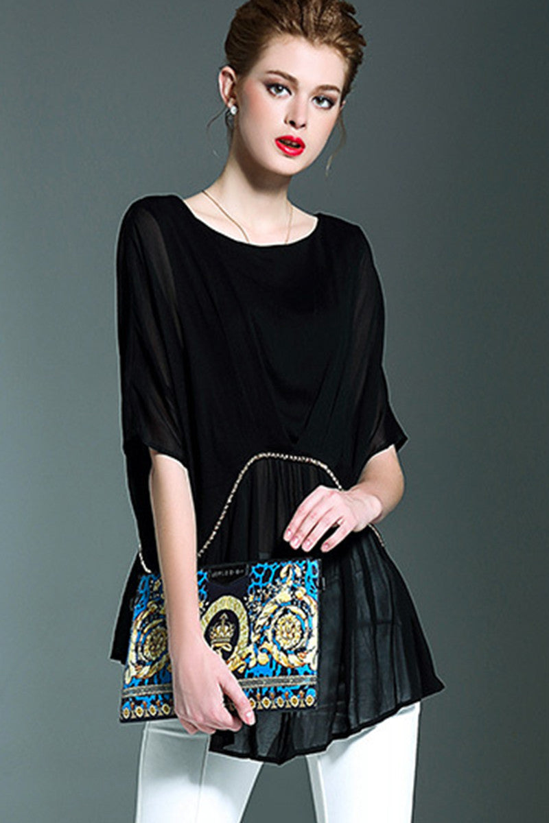 Round Neck Patchwork Short Sleeve Pleated Long T-shirts