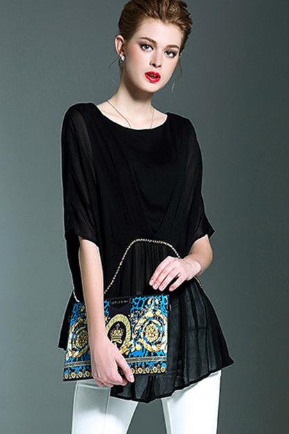 Round Neck Patchwork Short Sleeve Pleated Long T-shirts