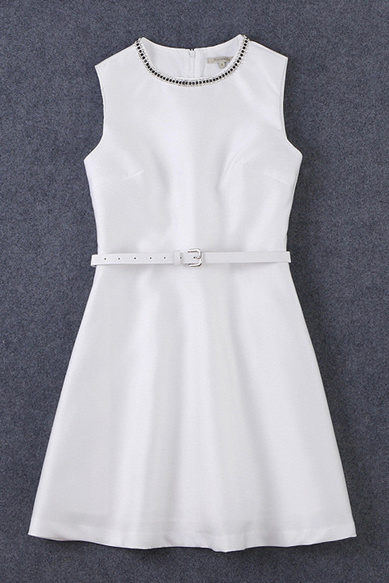 Beaded Neck Round Sleeveless Dress