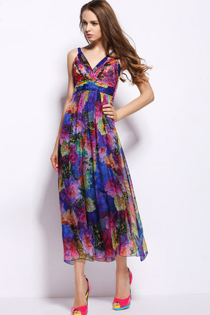 Multi Summer Floral Surplice Maxi Dress