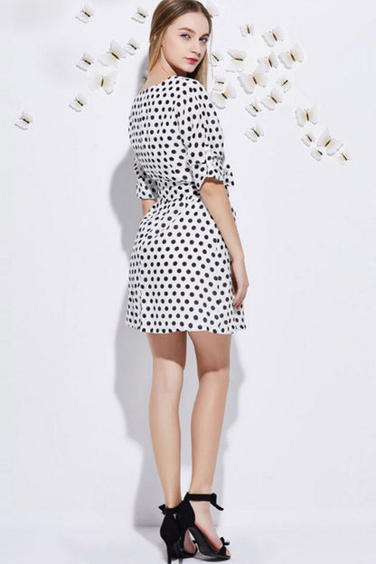 Casual Loose Dot Pattern V Neck Vacation Dress With Belt