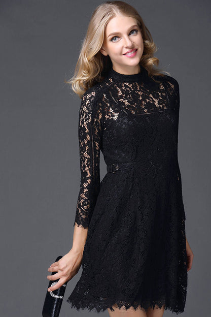 WOMEN'S ELEGANT LACE ROUND NECK LONG SLEEVE COCKTAIL PARTY DRESS