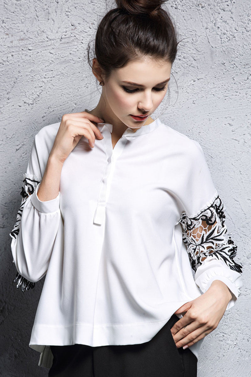 Round Collar Lace  Hollow Cut  Sleeve Short Front Long Back  Loose  Top - NJOYDRESS - 1