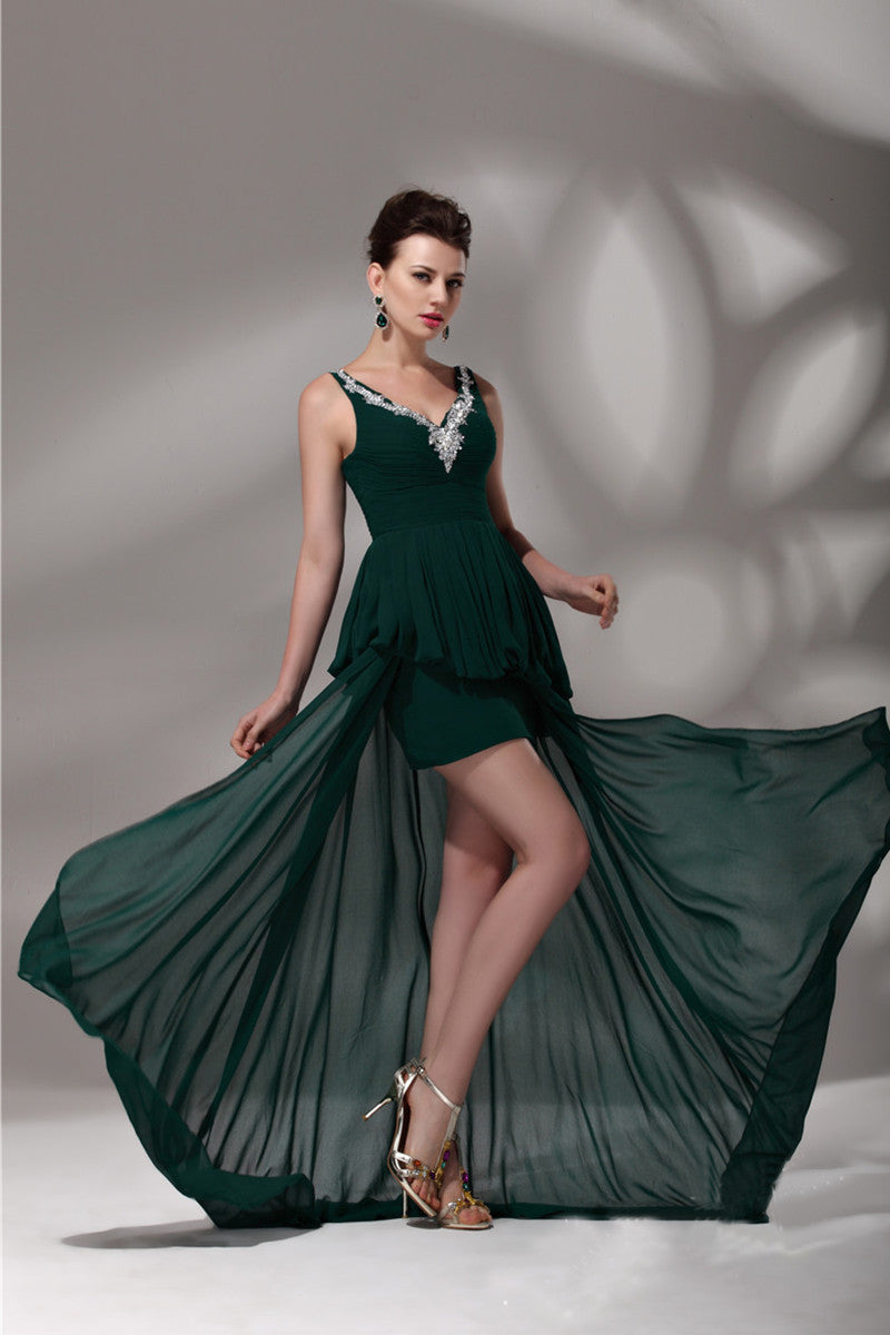 Deep V Neck Bling Beaded  Flare Hem  High Split Gown Spaghetti Dress