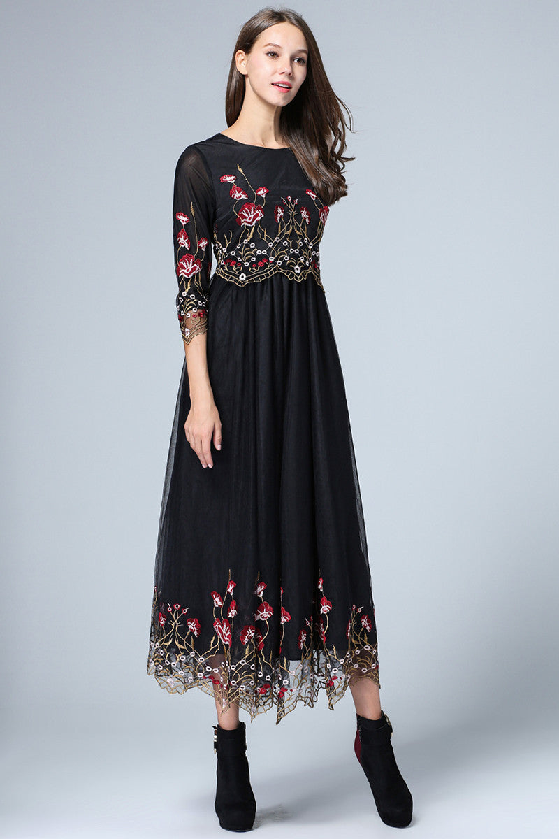 Full Net Dress with Floral Printting On Bottom - NJOYDRESS - 2