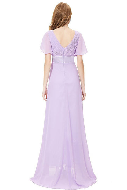 Deep V Neck Empire Waist Flare Mesh Sleeve Backless Dress Gown