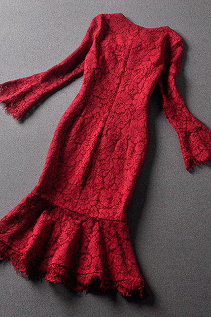 Bowknot Neck Lace Patch Falre Sleeve Fish Tail Dress - NJOYDRESS - 3