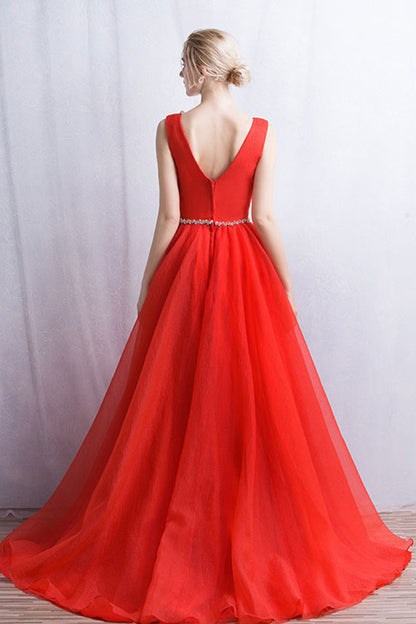 Deep V Neck Sequined Beaded Flowy Tulle Overlaid Long Dress