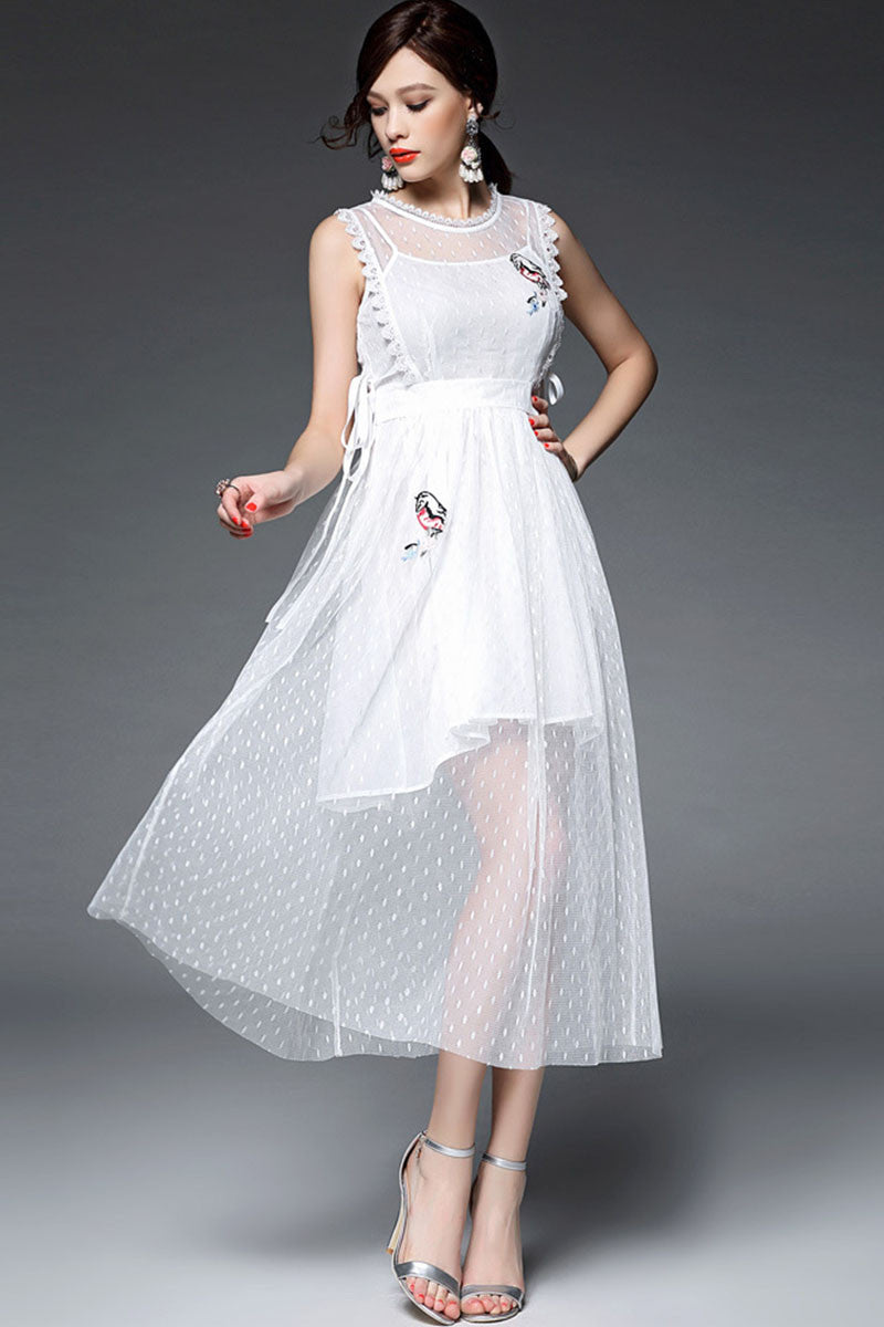 Round Collar Lace Hem Shirring Waist Sheer Mesh  Maxi Dress