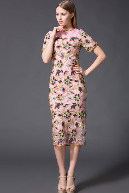 ELEGANT BEADED SHORT SLEEVE ROUND NECK MIDI DRESS