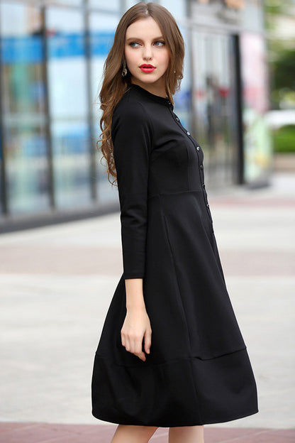 WOMEN'S ELEGANT ROUND NECK EMBROIDERY BLACK FORMAL DRESS