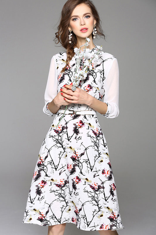 Elegant Half Sleeve Rose Wash Printed Midi Wear To Work Dress