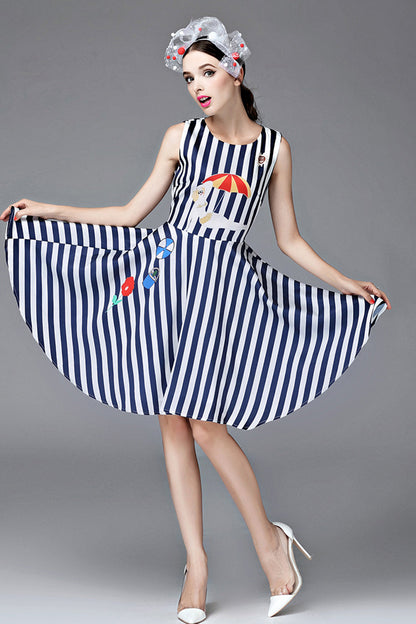 Stripe Slim A-line Sleeveless Casual Short Dress