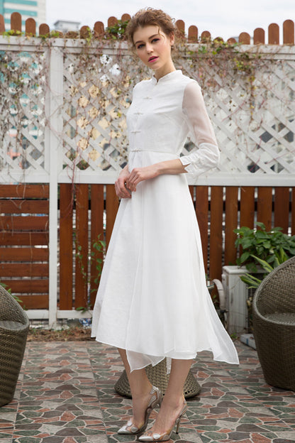 Stand Collar Sheer Sleeve  Chi-Pao Button Retro Swing Dress