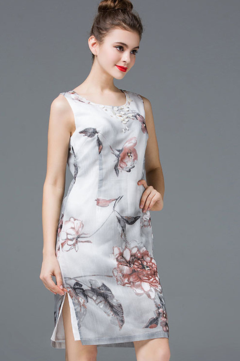 ROUND NECK CASUAL WASH PRINTING SLEEVELESS LOOSE DRESS
