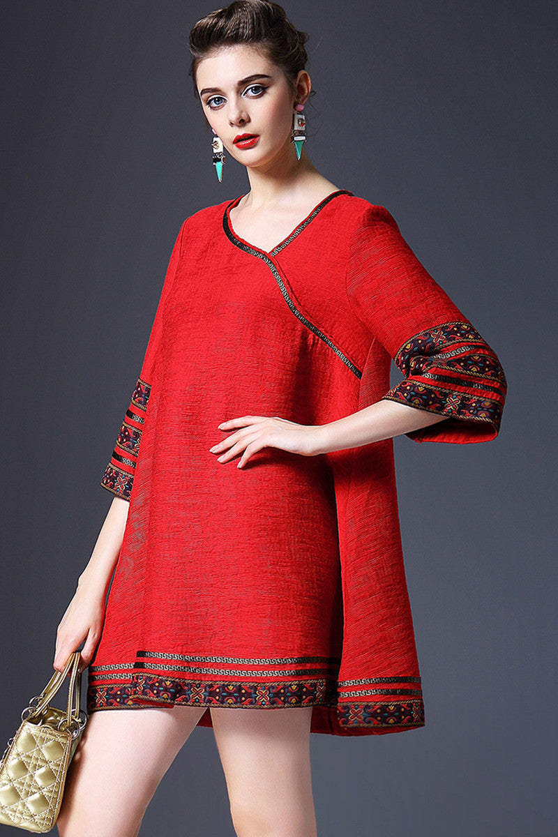 Long Flared Blouse With Tribal Ribbon Tape Decoration