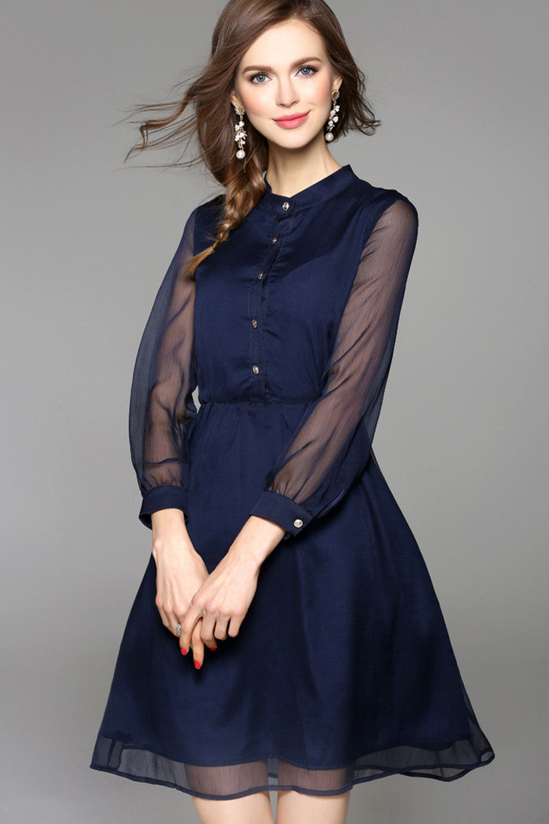 FORMAL STAND COLLAR CHIFFON LONG SLEEVE A-LINE DRESS