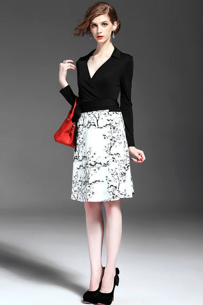 Deep-V Top Joint Plant Pattern Dress