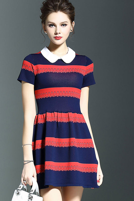 Dolly Neck Stripe  Pattern Knit Dress - NJOYDRESS - 1