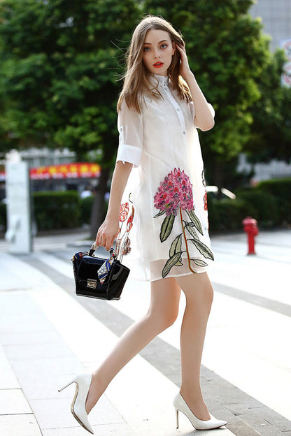 WOMEN'S CASUAL FLOWER PRINTING STAND COLLAR BUTTON DOWN SHIRT