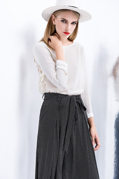 Lace Back Chiffon Round Neck Tops