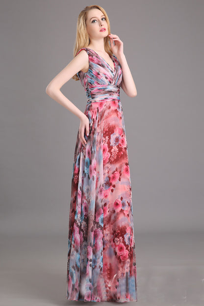 Deep V Neck High Waist Backless Floral Print Chiffon Long Dress