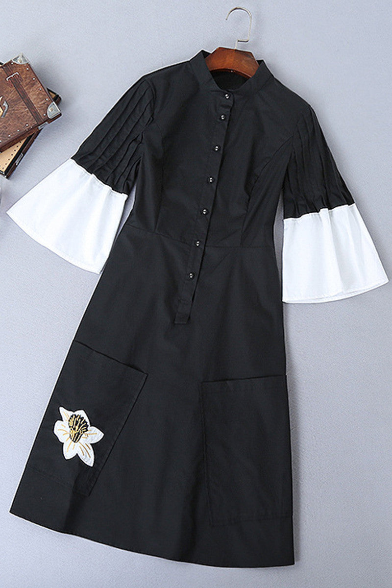 WOMEN'S ELEGANT FLOWER PRINTING LONG SLEEVE STAND COLLAR DRESS