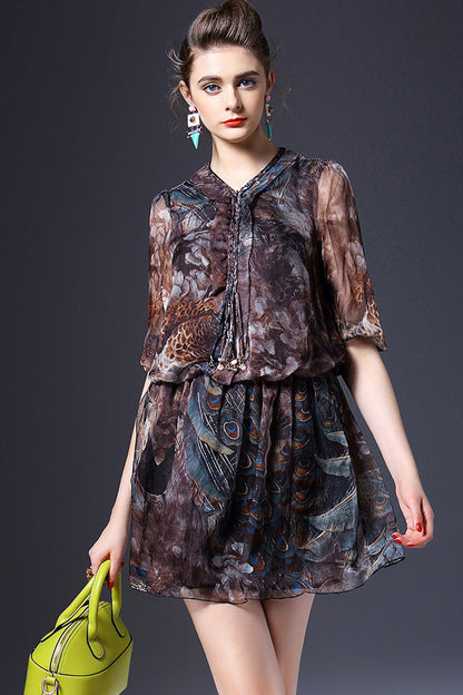 Invisible Zipper At Bust Multi Printing Short Dress