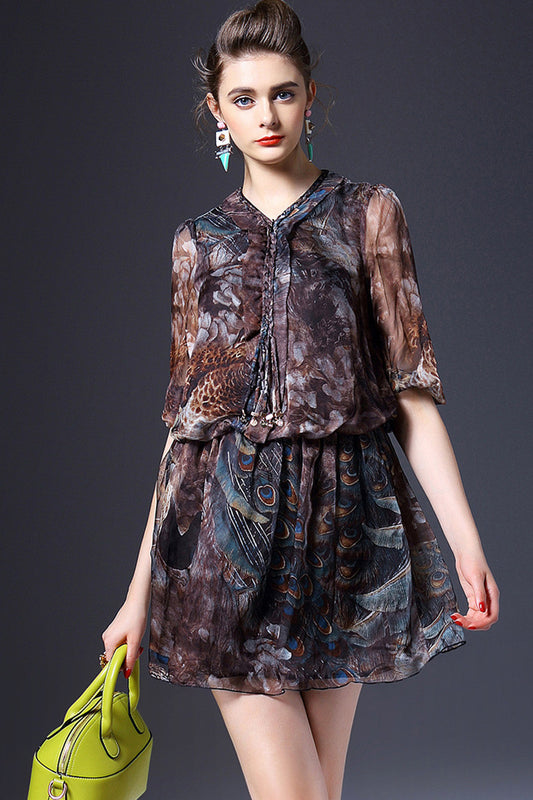 Invisible Zipper At Bust Multi Printing Short Dress