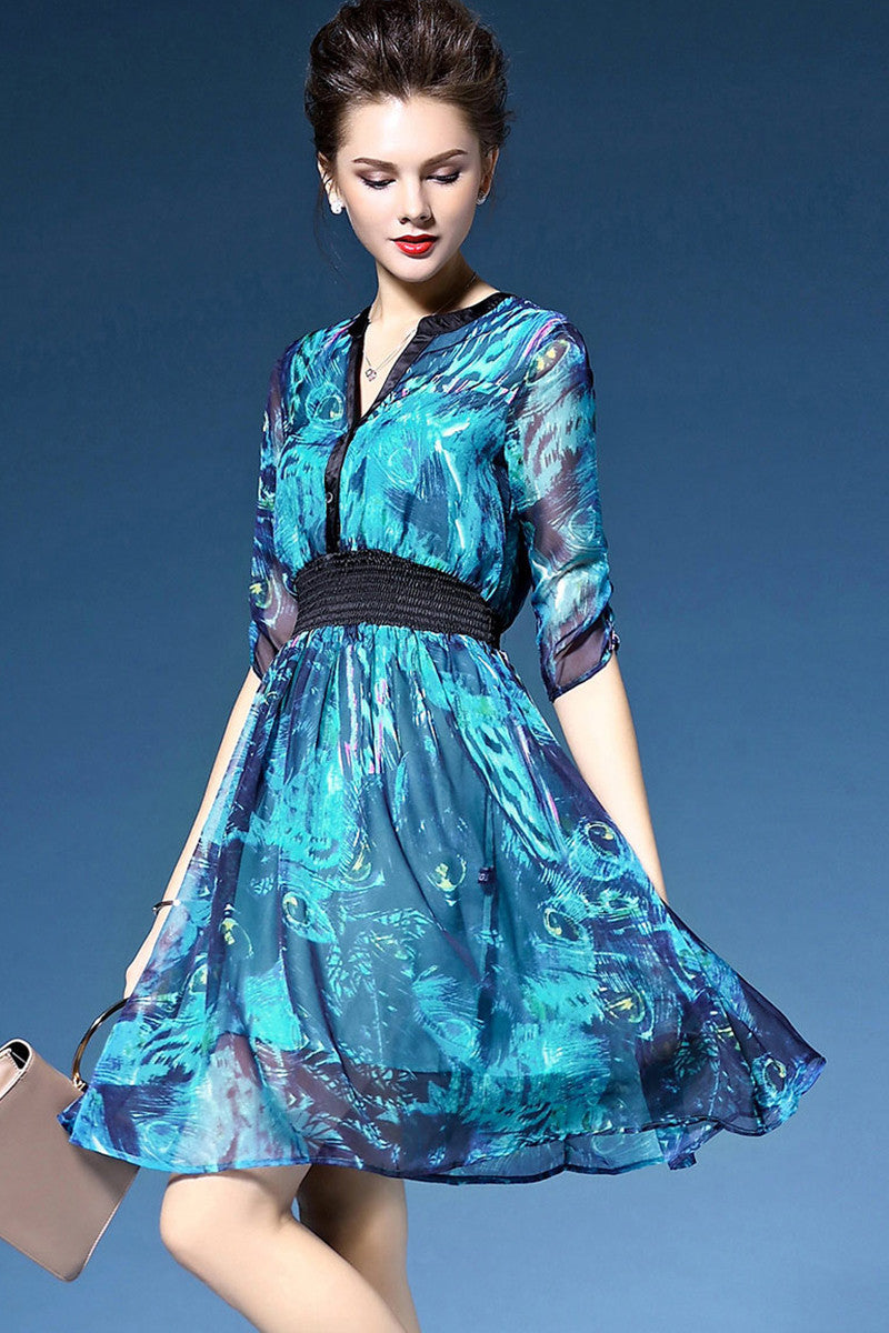 [30% OFF TILL 7 APR] Slit V Neck Elastic Waist Pattern Print Flare Dress
