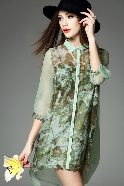 Polo Neck Chiffon Print And Floral Cardigan Long Shirt