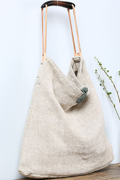 Wood Handle Linen Tote Bag