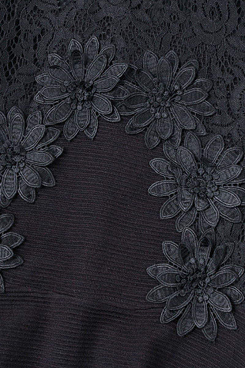 Stand Collar Sheer Mesh Sleeve Lace Flowers Tunic Dress