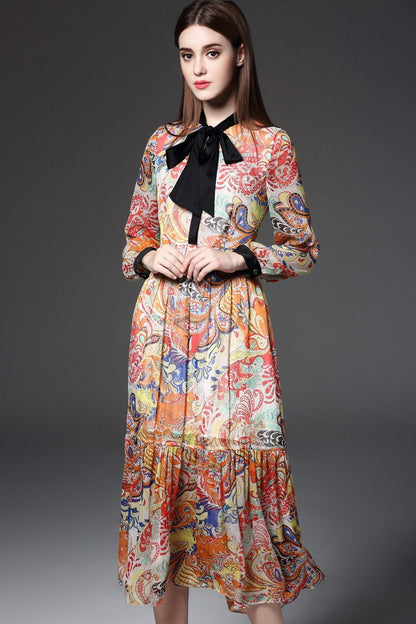 Bowknot Neck Multi-Color Retro Pattern Flare Dress