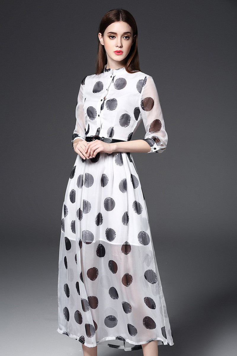 Stand Collar Dots Print Flare Chiffon Maxi Dress