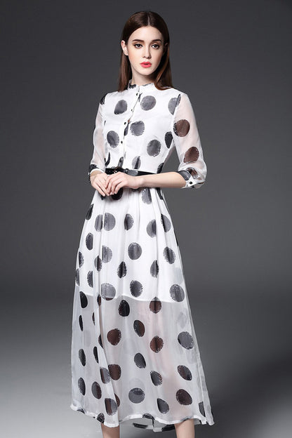 Stand Collar Dots Print Flare Chiffon Maxi Dress