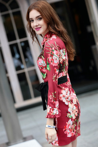 Roll Collar Flare Patch Sleeve Flower Pattern Dress With Belt - NJOYDRESS - 2