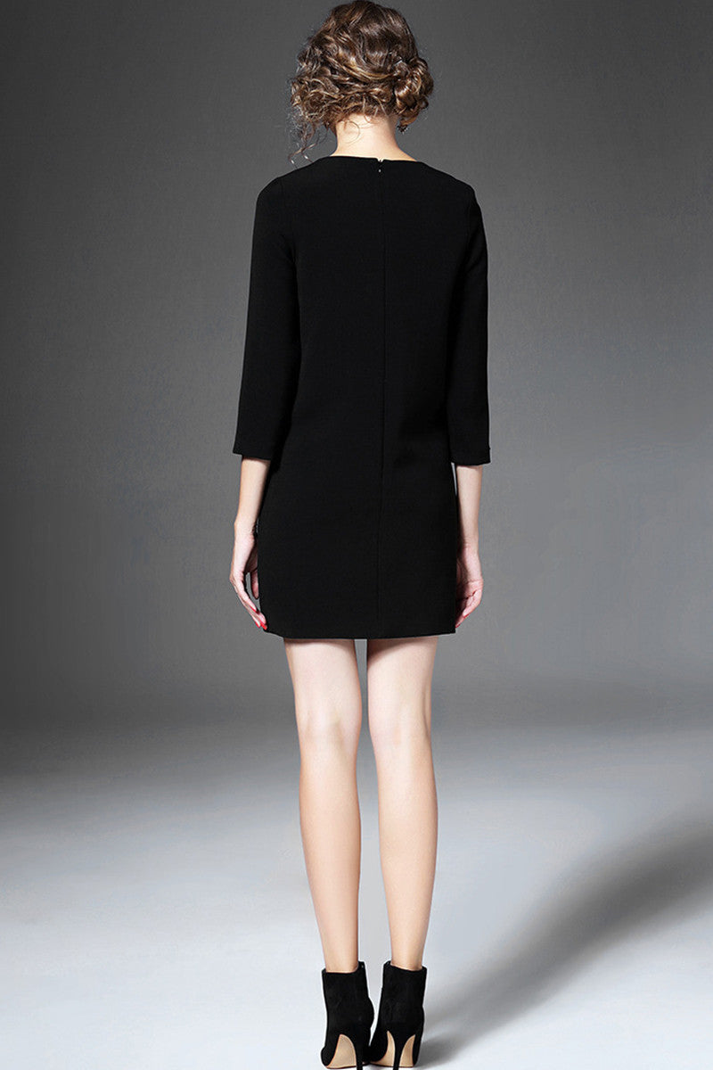 WOMEN'S BLACK 3/4 SLEEVE ROUND NECK SHORT DRESS