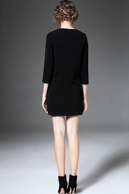 WOMEN'S BLACK 3/4 SLEEVE ROUND NECK SHORT DRESS