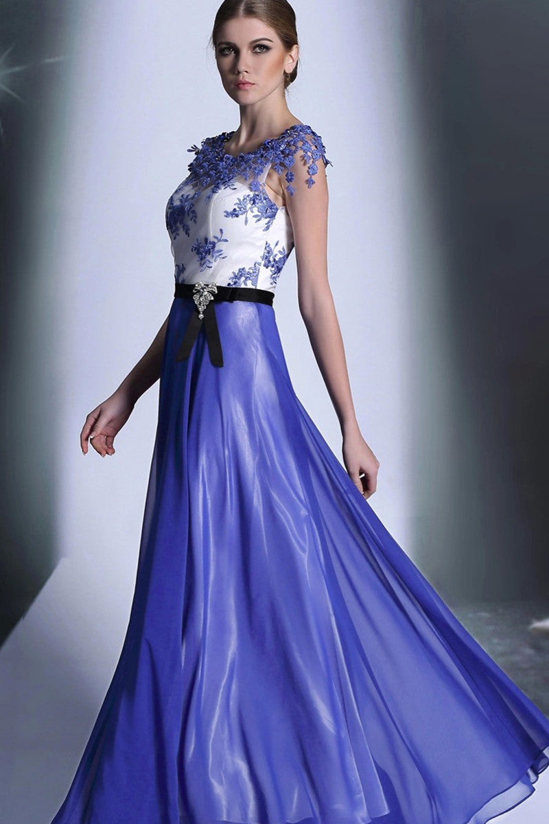 O Neck Cap Sleeve Lace Applique Beaded Maxi Grown Dress