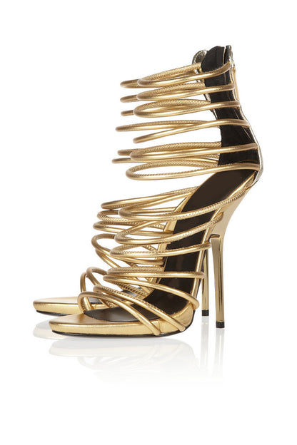 Open Toe Gold Strappy Zip Caged Heels
