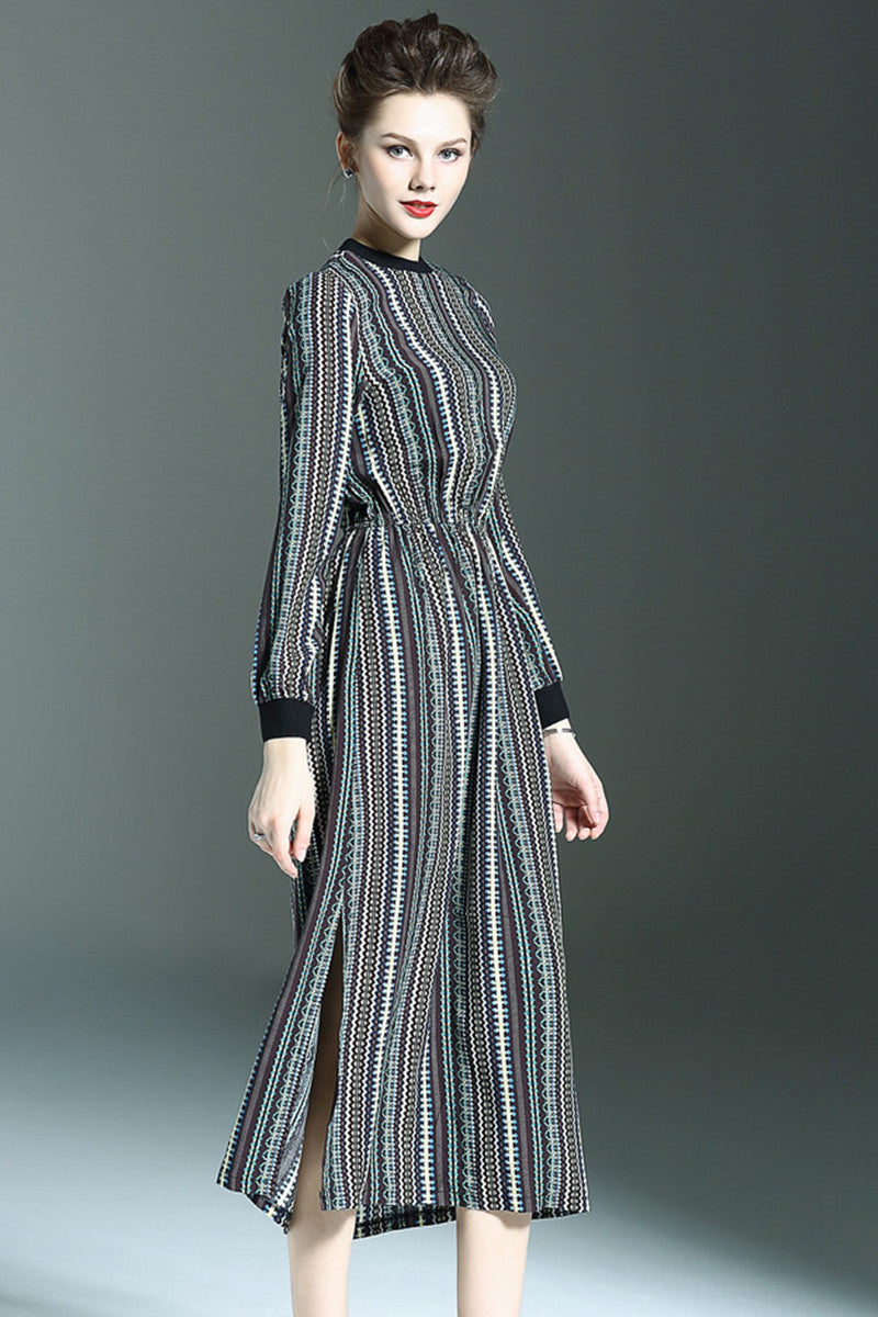 Round Collar Pope Print Shirring Waist Side Slit Midi Dress