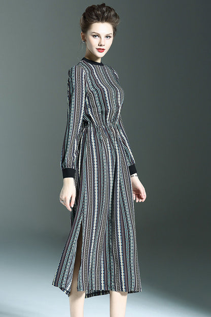 Round Collar Pope Print Shirring Waist Side Slit Midi Dress