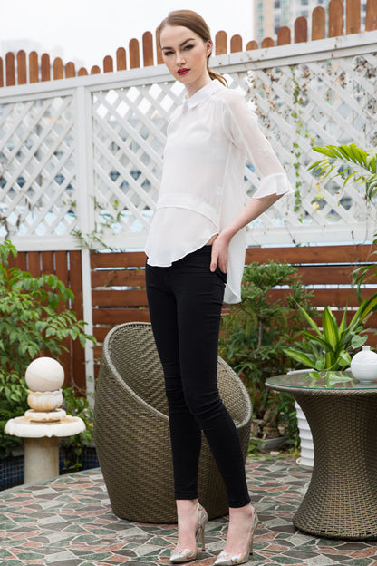 Lapel Neck Sheer Flare Sleeve Irregular Short Front Long Back Blouse