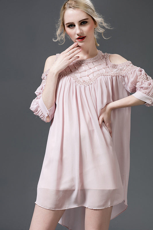 Beaded Open Puff Sleeve Loose Runched Hi-Low Dress