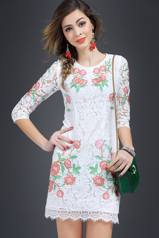WOMEN'S CASUAL ROUND NECK FLOWER PRINTING 3/4 SLEEVE SHORT DRESS
