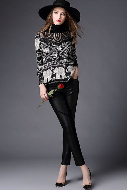 High Neck See Through Mesh Patch Elephant  Retro Print Pullover Top